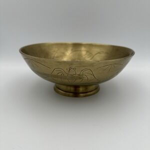 VINTAGE‎ Solid Brass Footed Bowl Chinese Etched Design 8" Diameter